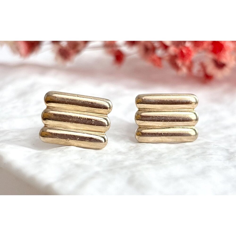 Modernist Scalloped Gold Toned Rectangular Vintage Retro 80's Men's Cuff Links